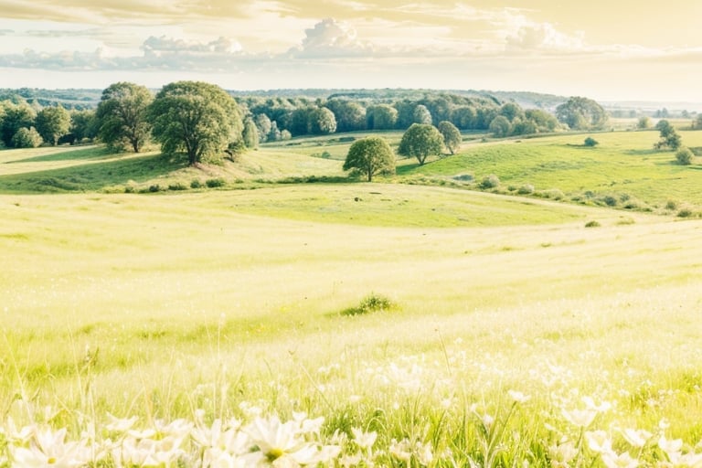 Landscape photography 8k, bright sunny day, in the foreground of the meadow with flowers, on the horizon of a dark forest and the blue sky