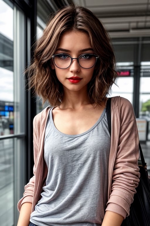 European girl of 20 years old old age, light brown short hair, hairstyle for a boy, blue eyes, graceful glasses for myopia, at the airport window,  dressed in a delicate pink t-shirt and jacket, tipk nipples under the shirt, skinny body, very tiny waist, (abs:0.7), small chest, small hips, small boobs, (bright blue eyes:1.2)(smokey eyeshadow, black eyeliner, red lips)