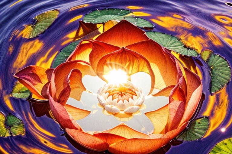 Lotus flower in dark water in the glare of the sun