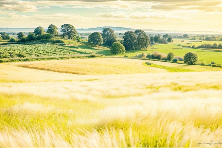 Landscape photography 8k, bright sunny day, in the foreground of the rye, on the horizon of a dark forest and the blue sky