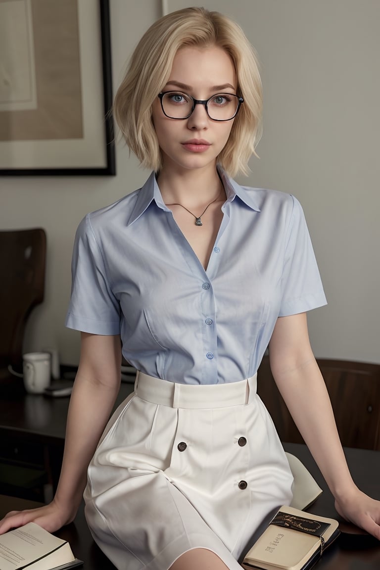 European girl of 18 years old, blond ultra-short hair bob, serious blue eyes, graceful glasses for myopia,  sits at a table in a biblonet with notebook, next to a table lamp, dressed in long white lace cotton shirt with unbuttoned upper buttons, erect nipples under the her shirt, nipples are visible, skinny body, very tiny waist, (abs:0.7), small chest, small hips, small boobs, (bright blue eyes:1.2),blurry_light_background,hourglass body shape,sm4c3w3k,collared shirt,short sleeves,NoirStyle,retro,tsunadens