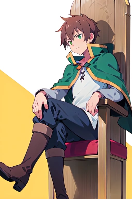 anime, kazuma, 1man, solo, brown hair, short hair, white shirt, pants, boots, green eyes, green cape, serious, sitting, trone, gold trone