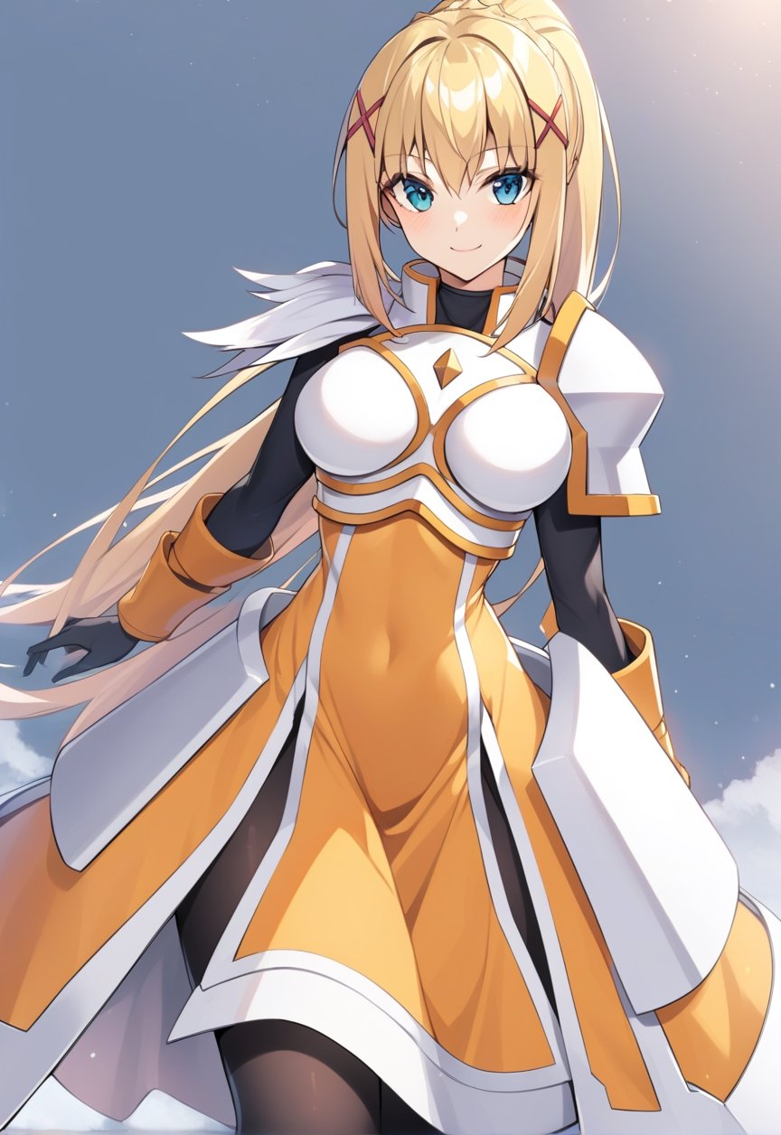 solo, 1girl, smile, looking at viewer, ponytail, x hair ornament, armor, shoulder armor, black bodysuit, black gloves, ksdarkness, armor, orange dress, black pantyhose, white armor breasts, armor plates, wing shoulder pad,