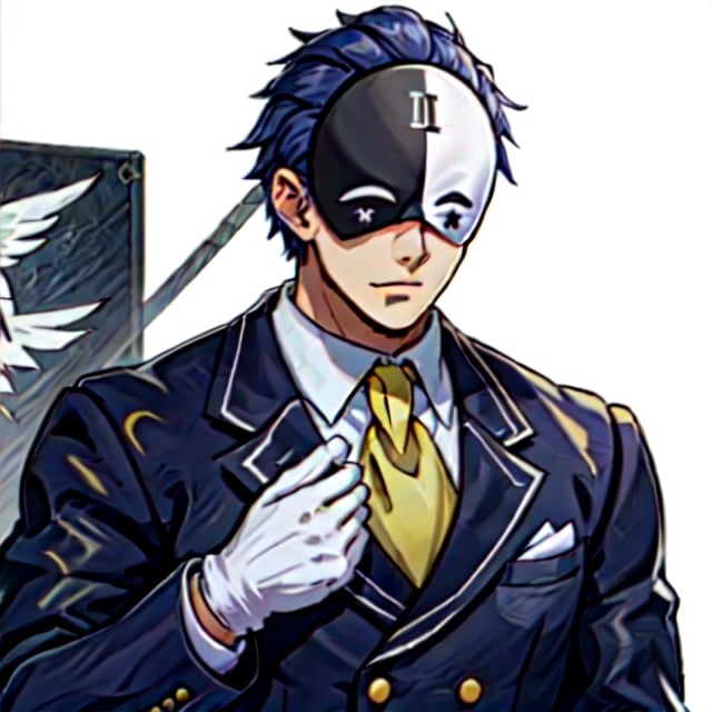 vanir-liver020, 1boy, solo, (mask:1.1), blue hair, white gloves, formal, suit, jacket, ascot, black and white mask, symbols, yellow ascot, mask on head, (upper body:1.2), 