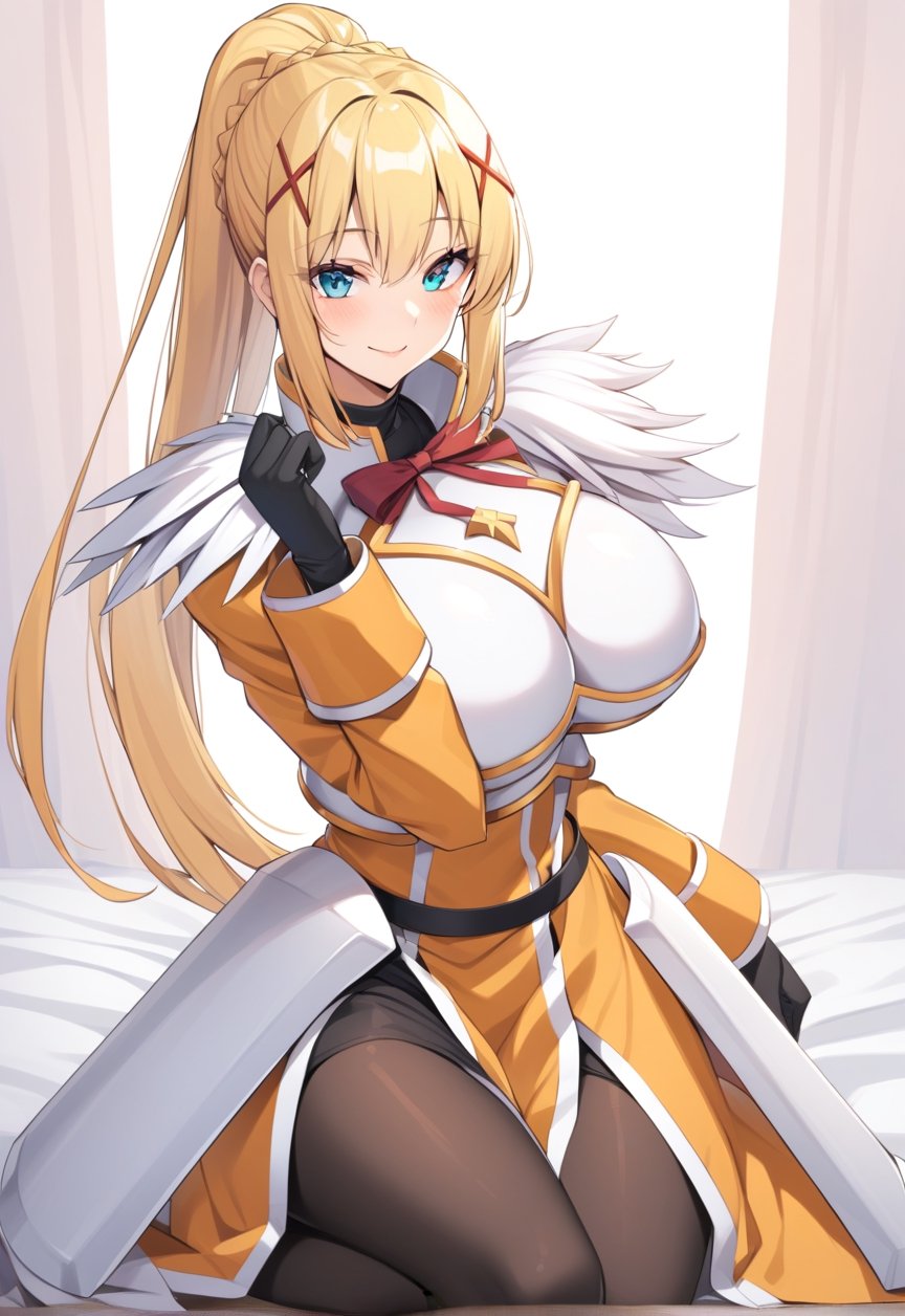 solo, 1girl, smile, looking at viewer, ponytail, x hair ornament, armor, shoulder armor, black bodysuit, black gloves, ksdarkness, armor, orange dress, black pantyhose, white armor breasts, armor plates, wing shoulder pad, (big breasts:1.1)