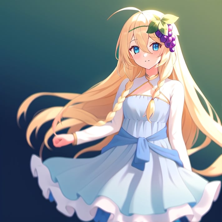 1girl, solo, blonde hair, long hair,hair between eyes, blue eyes,ahoge, braid, hair ornament,grapes, blue dress, long sleeves, gradient dress, layered dress, dress, white dress