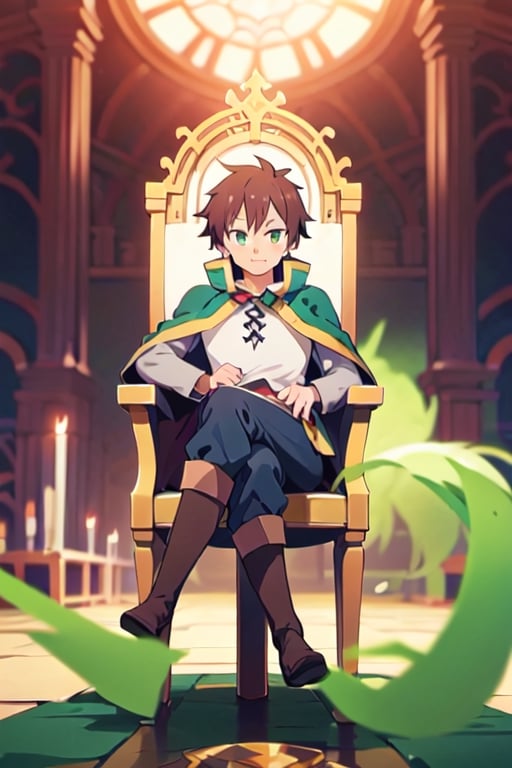 anime, kazuma, 1man, solo, brown hair, short hair, white shirt, pants, boots, green eyes, green cape, serious, sitting, (trone:1.2), gold trone, palace, castle