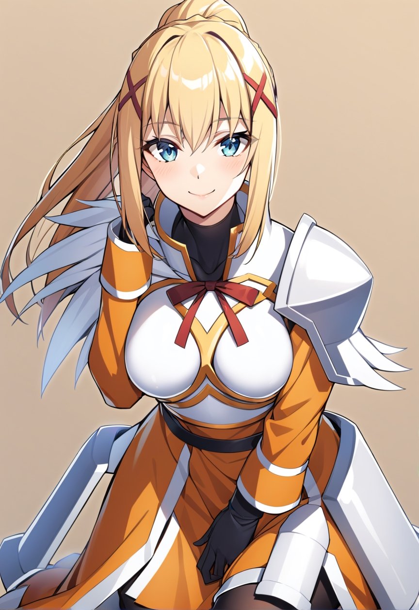 solo, 1girl, smile, looking at viewer, ponytail, x hair ornament, armor, shoulder armor, black bodysuit, black gloves, ksdarkness, armor, orange dress, black pantyhose, white armor breasts, armor plates, wing shoulder pad,