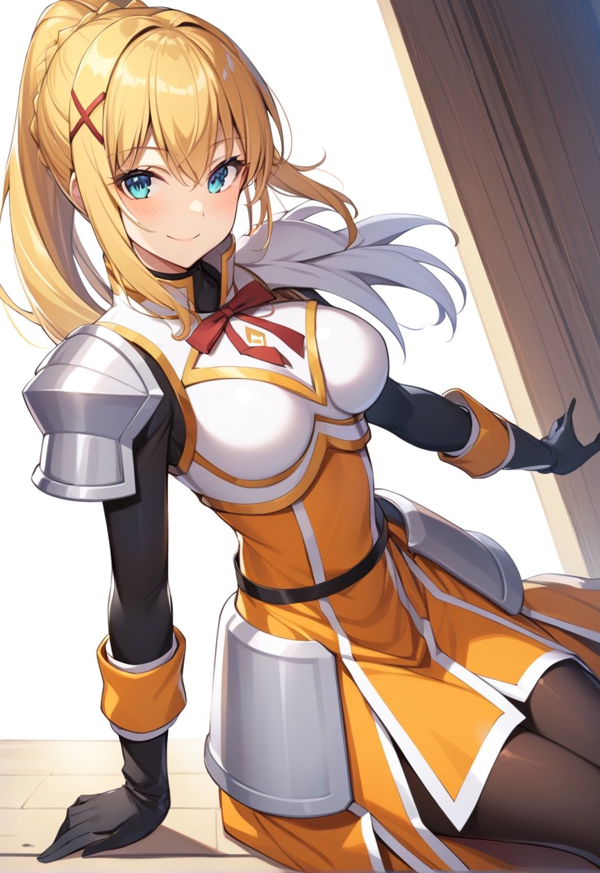 solo, 1girl, smile, looking at viewer, ponytail, x hair ornament, armor, shoulder armor, black bodysuit, black gloves, ksdarkness, armor, orange dress, black pantyhose, white armor breasts, armor plates, wing shoulder pad,