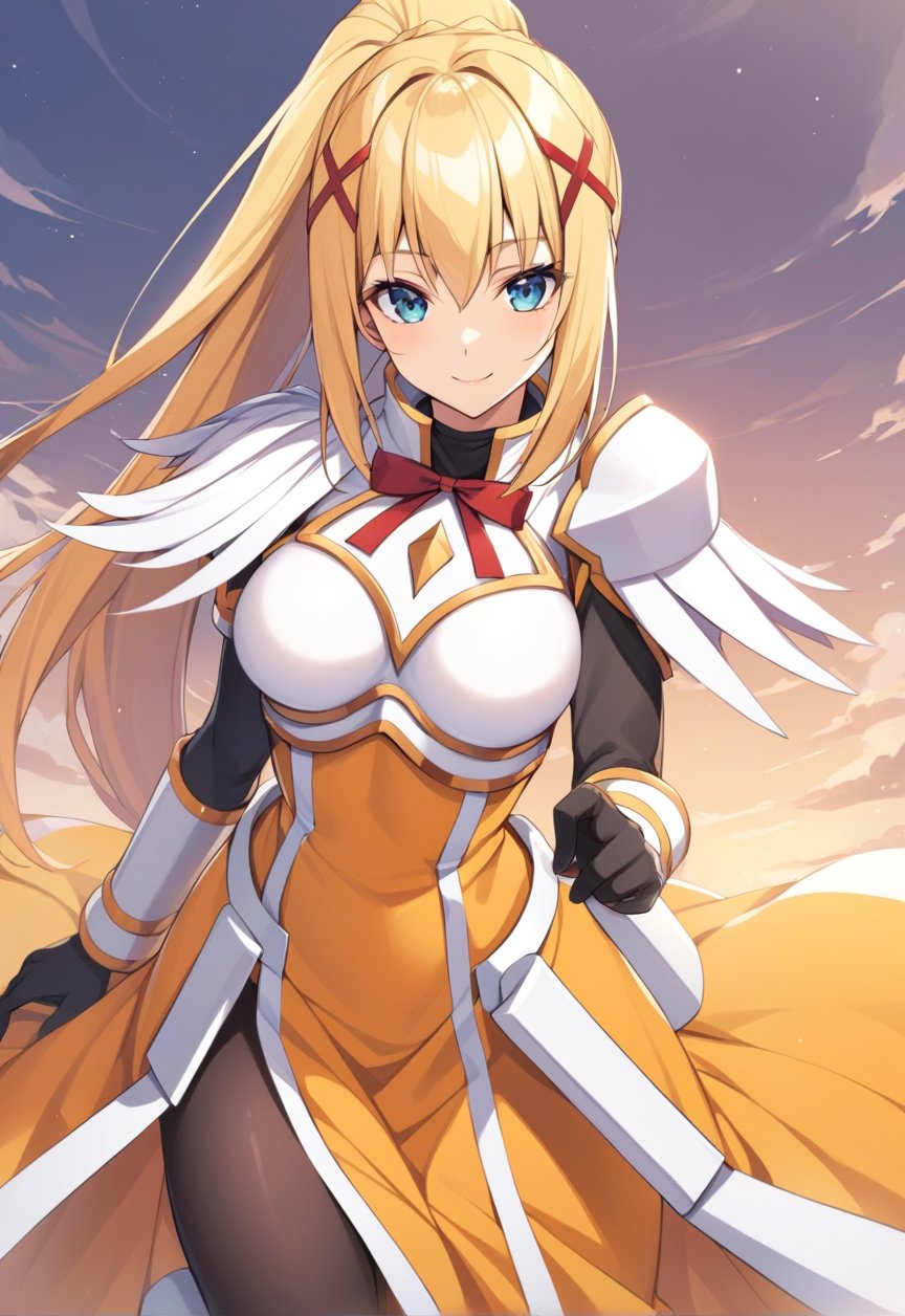 solo, 1girl, smile, looking at viewer, ponytail, x hair ornament, armor, shoulder armor, black bodysuit, black gloves, ksdarkness, armor, orange dress, black pantyhose, white armor breasts, armor plates, wing shoulder pad,