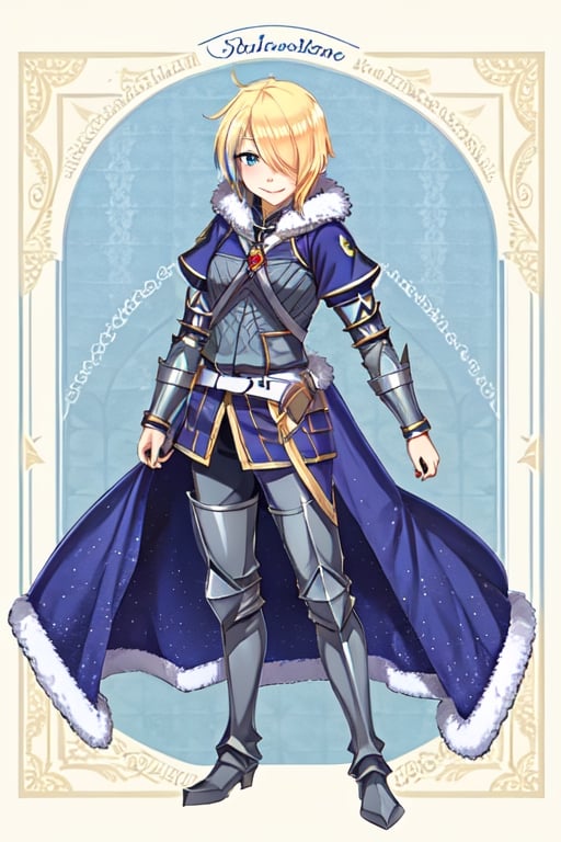 blonde hair, 1girl, blue hair, hair over one eye, multicolored hair, solo, blue eyes, armor, short hair, mole, mole under eye, fur trim, claire-liver020, blue armor,  boots, smile