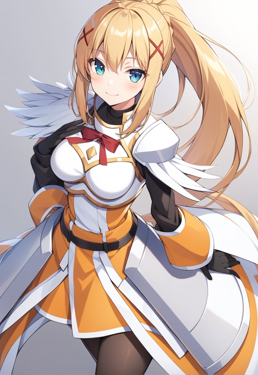 solo, 1girl, smile, looking at viewer, ponytail, x hair ornament, armor, shoulder armor, black bodysuit, black gloves, ksdarkness, armor, orange dress, black pantyhose, white armor breasts, armor plates, wing shoulder pad,