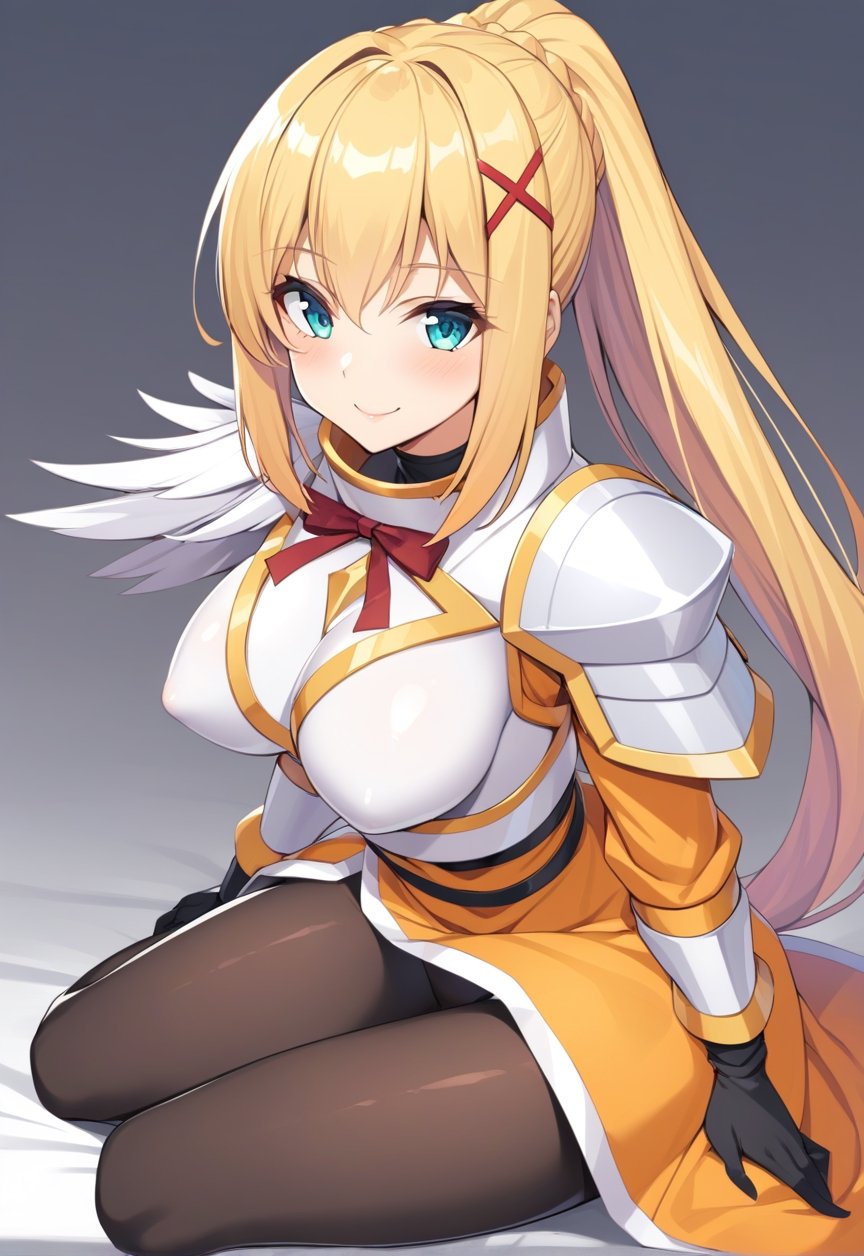 solo, 1girl, smile, looking at viewer, ponytail, x hair ornament, armor, shoulder armor, black bodysuit, black gloves, ksdarkness, armor, orange dress, black pantyhose, white armor breasts, armor plates, wing shoulder pad, NSFW