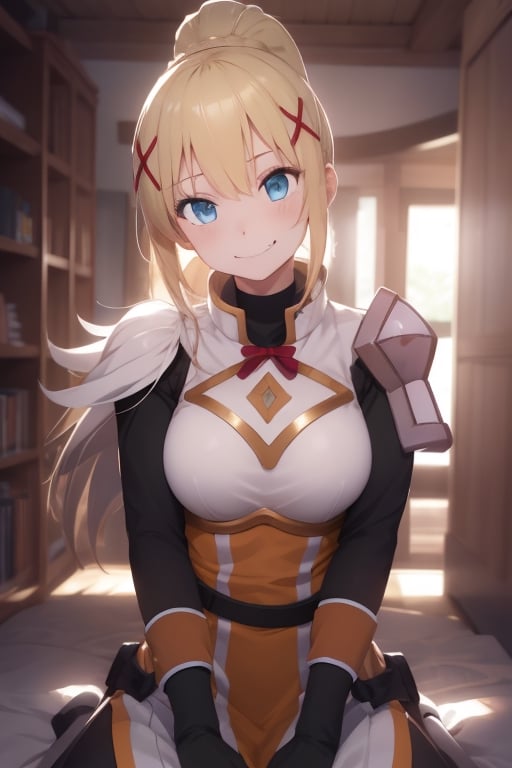 (masterpiece, best quality:1.2), solo, 1girl, ksdarkness, smile, looking at viewer, ponytail, x hair ornament, armor, shoulder armor, bodysuit, black gloves ,darkness, evil smile, evil eyes, evil, blonde hair