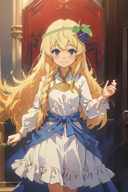 iris, white dress, iris, blonde hair, blue eyes, castle, palace, small breasts, braid, hair ornament, grapes hair ornament, blue ribbon, smile, blushing, (blue skirt: 0.8), collar,nodf_lora