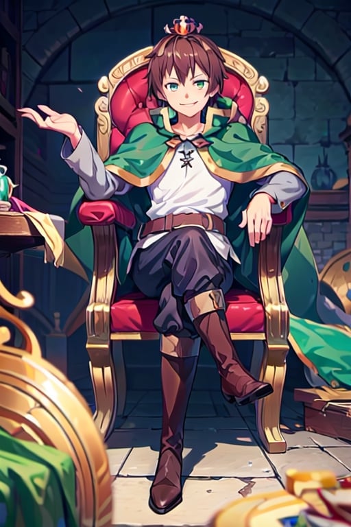 anime, kazuma, 1man, solo, brown hair, short hair, white shirt, pants, boots, green eyes, green cape, serious, sitting, (trone:1.2), gold trone, palace, crown, king, evil smile, pose