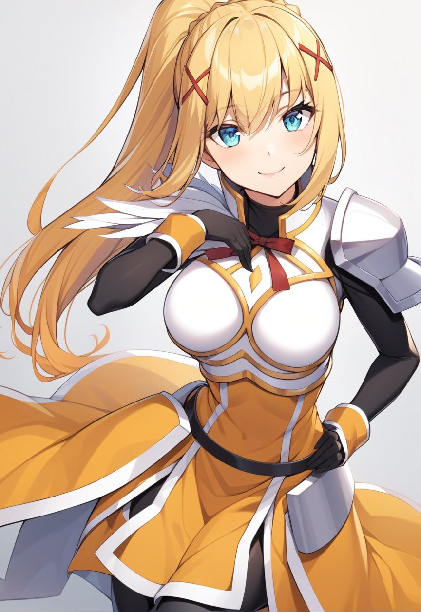 solo, 1girl, smile, looking at viewer, ponytail, x hair ornament, armor, shoulder armor, black bodysuit, black gloves, ksdarkness, armor, orange dress, black pantyhose, white armor breasts, armor plates, wing shoulder pad