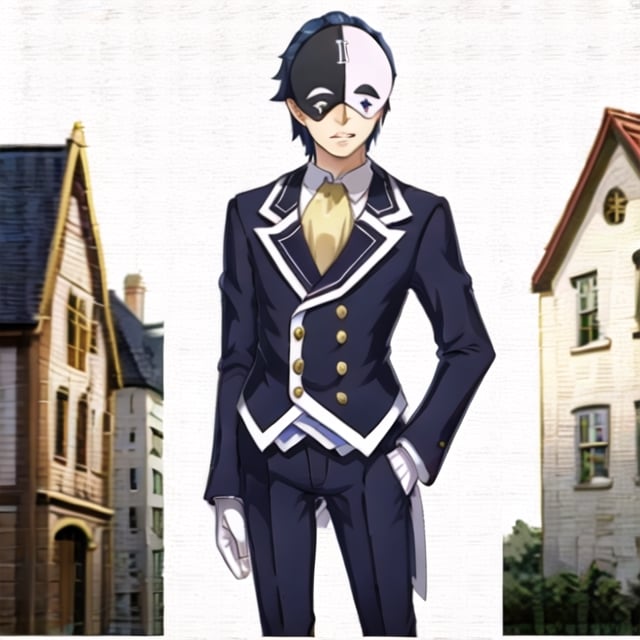 , vanir-liver020, 1boy, solo, (mask:1.1), blue hair, white gloves, formal, suit, jacket, ascot, black and white mask, symbols, yellow ascot, mask on head, town, houses, blue sky, standing