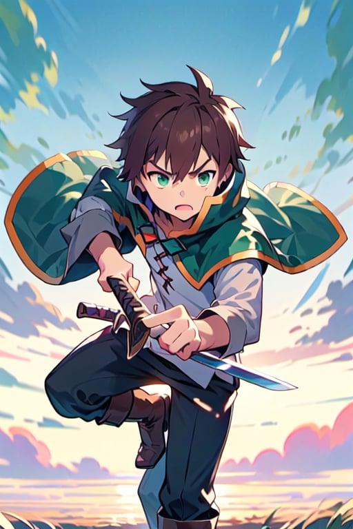 anime, kazuma, 1man, solo, brown hair, short hair, white shirt, pants, boots, green eyes, green cape, serious, sword, swordup