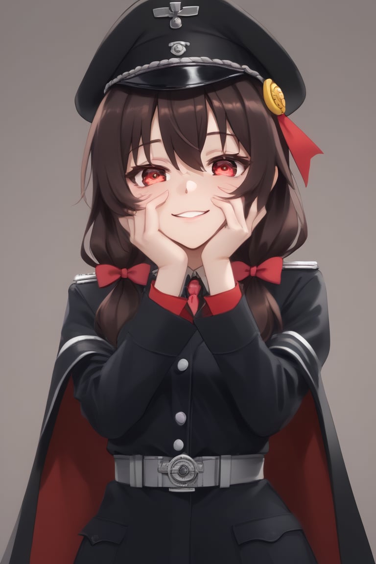 1girl, (nazi, nazi girl:1.4), (yunyun:1.2), red eyes, brown hair, yellow hair ornament, (nazi uniform:1.2), black uniform, score_9_up, score_7_up, score_8_up, source_anime, Yunyun, perfect eyes, military uniform, military uniform suit, perfect eyes, (red nazi band:1.1), red band on arm, fascist, black cape, yandere trance, yandere face, yandere smile