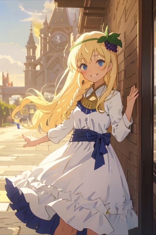 iris, white dress, iris, blonde hair, blue eyes, castle, palace, small breasts, braid, hair ornament, grapes hair ornament, blue ribbon, smile, blushing, (blue skirt: 0.8), collar