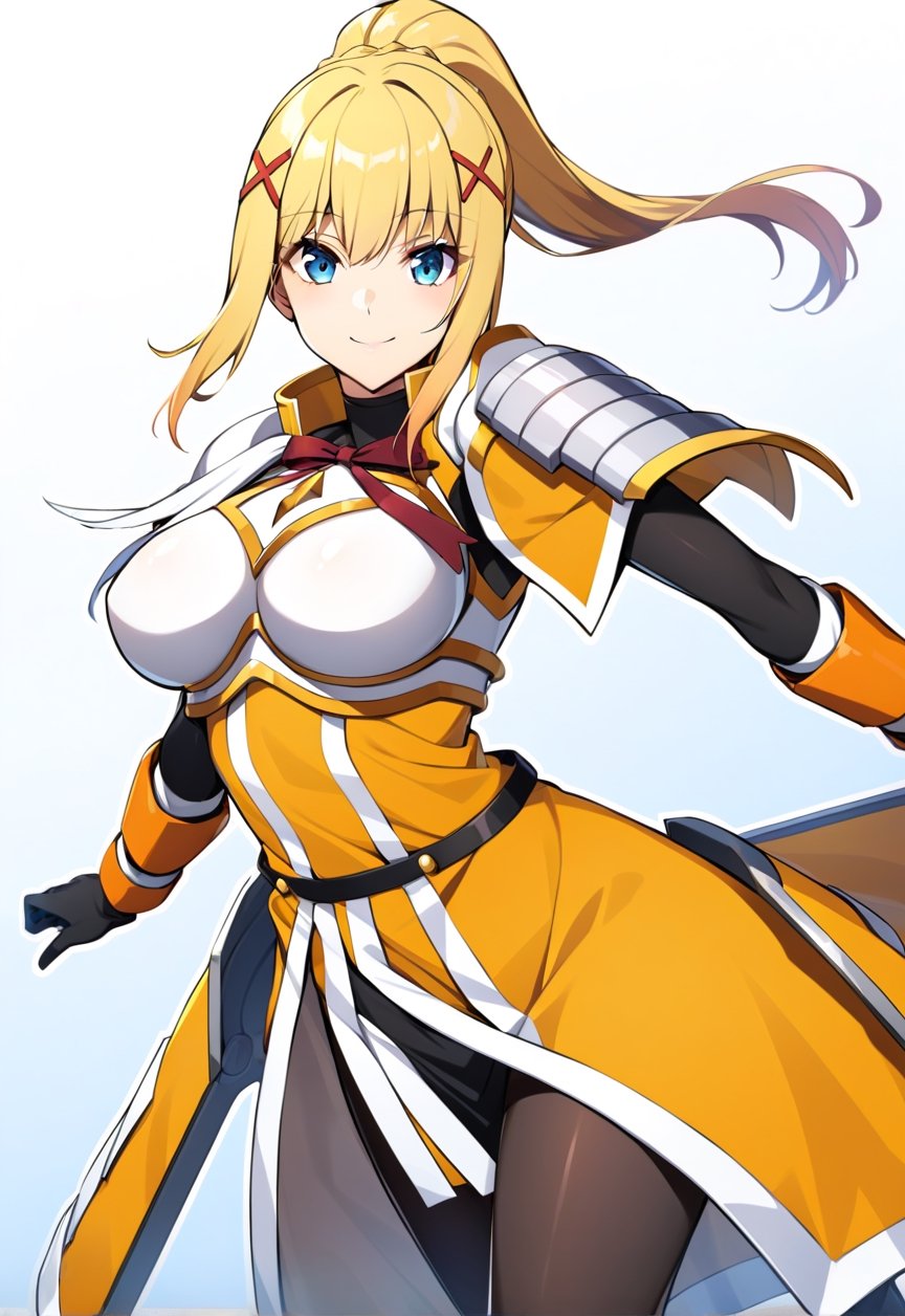 solo, 1girl, smile, looking at viewer, ponytail, x hair ornament, armor, shoulder armor, black bodysuit, black gloves, ksdarkness, armor, orange dress, black pantyhose, white armor breasts, armor plates, wing shoulder pad,