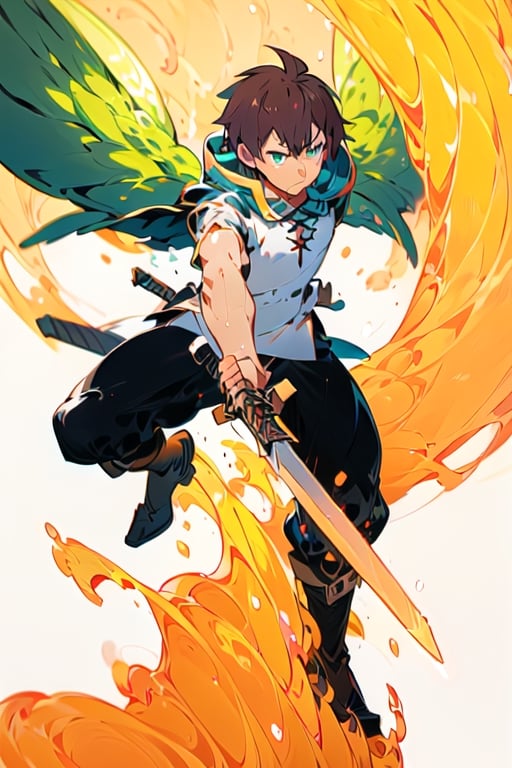 anime, kazuma, brown hair, short hair, white shirt, pants, boots, green eyes, green cape, serious, sword, Angel