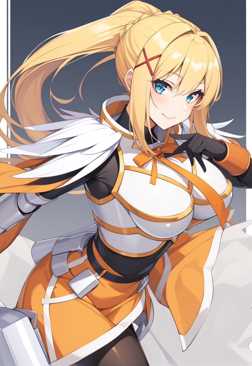 solo, 1girl, smile, looking at viewer, ponytail, x hair ornament, armor, shoulder armor, black bodysuit, black gloves, ksdarkness, armor, orange dress, black pantyhose, white armor breasts, armor plates, wing shoulder pad