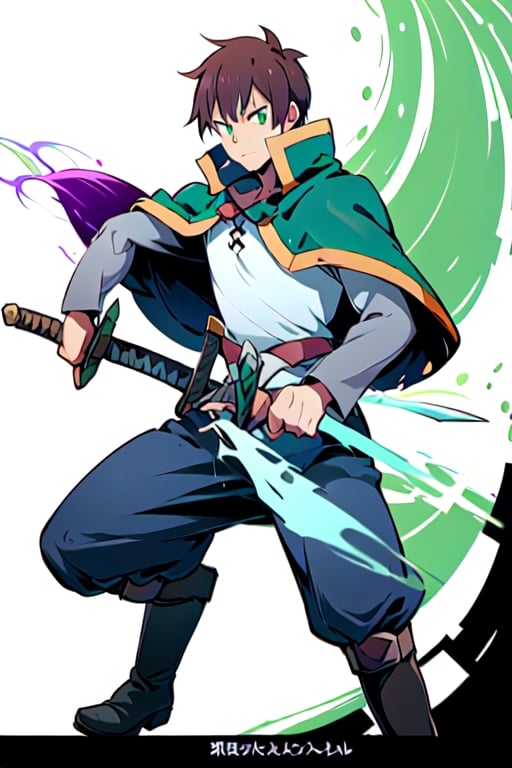 anime, kazuma, 1man, solo, brown hair, short hair, white shirt, pants, boots, green eyes, green cape, serious, sword, wowdk