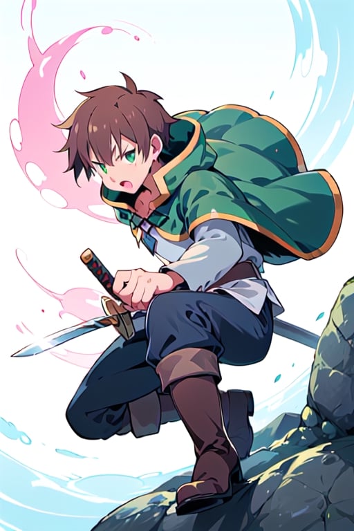 anime, kazuma, 1man, solo, brown hair, short hair, white shirt, pants, boots, green eyes, green cape, serious, sword, wowdk