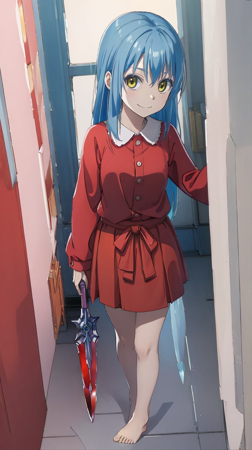 (masterpiece, best quality), ray tracing, absurdres, HDR,rimuru clothes, long hair, blue hair, yellow eyes, shirt, closed mouth, red shirt, 1girl, large breats,, rimuru tempest, skirt, bangs, red shirt, smile, solo, hair between eyes, grey skirt, long sleeves, collared shirt, ,blush ,looking at viewer,indoors,barefoot,full body, wucaitianjing, weapon, sword, , planted, planted sword, holding, holding sword,,
