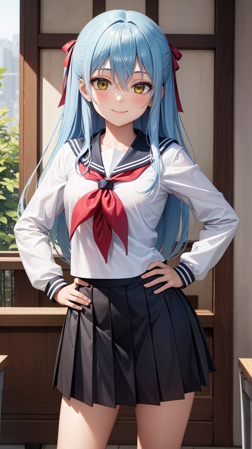 (masterpiece, best quality),ray tracing,absurdres,HDR,1girl,rimuru tempest,light blue hair,yellow eyes, long hair, school uniform, skirt, serafuku, sailor collar, v over eye, looking at viewer, pleated skirt, red neckerchief, neckerchief, white shirt, v, long sleeves, shirt, hand on hip, closed mouth, hair between eyes, smile, , one side up, bangs, sailor shirt, solo, black skirt 

