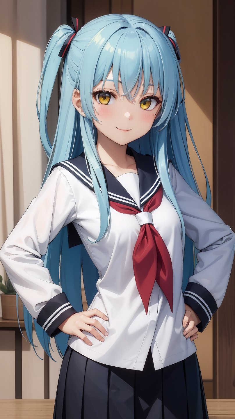(masterpiece, best quality),ray tracing,absurdres,HDR,1girl,rimuru tempest,blue hair,yellow eyes, long hair,large breats, school uniform, skirt, serafuku, sailor collar, v over eye, looking at viewer, pleated skirt, red neckerchief, neckerchief, white shirt, v, long sleeves, shirt, hand on hip, closed mouth, hair between eyes, smile, , one side up, bangs, sailor shirt, solo, black skirt 
