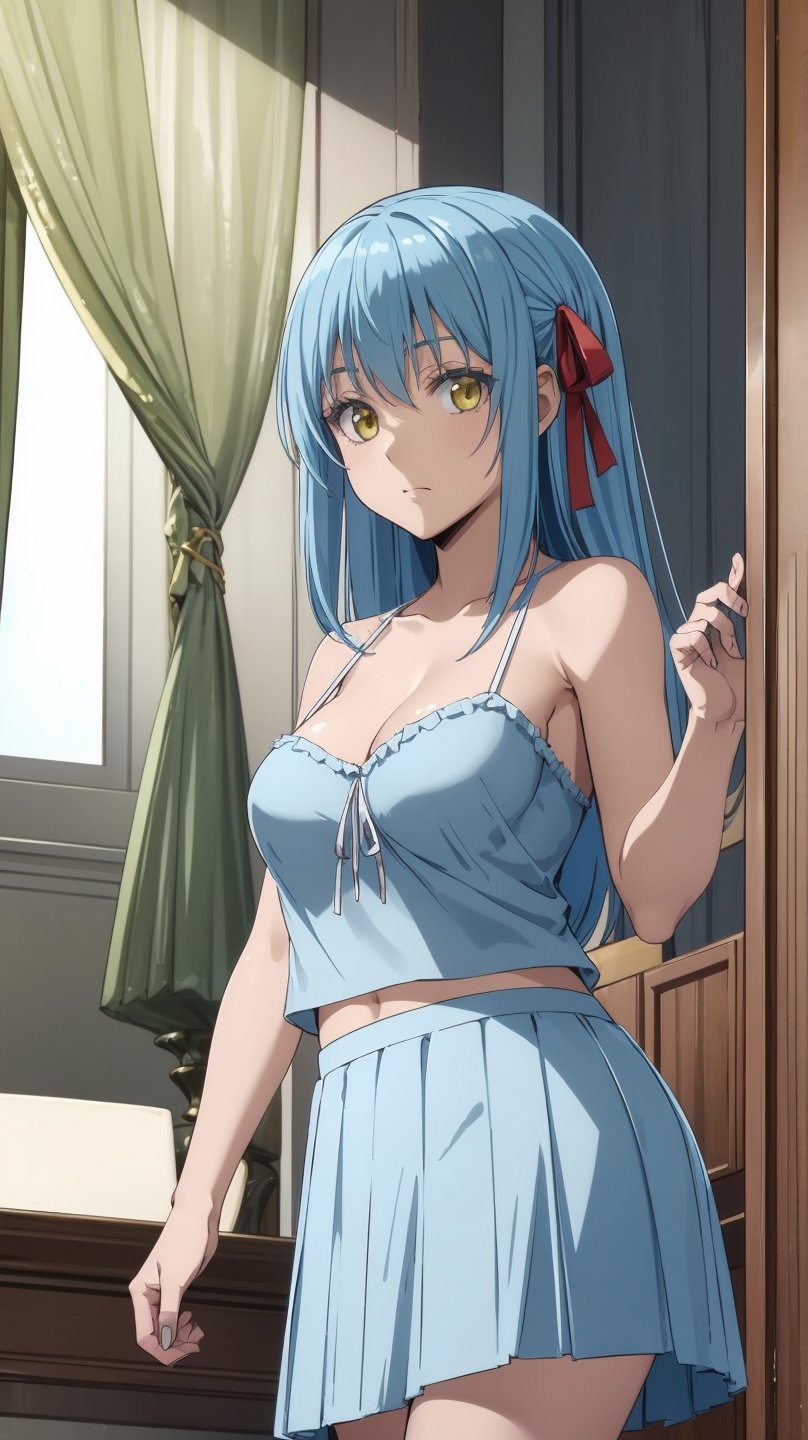 1girl, rimuru tempest, asexual, , solo, blue hair, yellow eyes,skirt, solo, long hair, grey skirt, , breasts, ribbon, camisole, hair ribbon, red ribbon, indoors, , from below, curtains, looking at viewer, cleavage,large breasts, bangs, pleated skirt, bare shoulders, closed mouth,  
