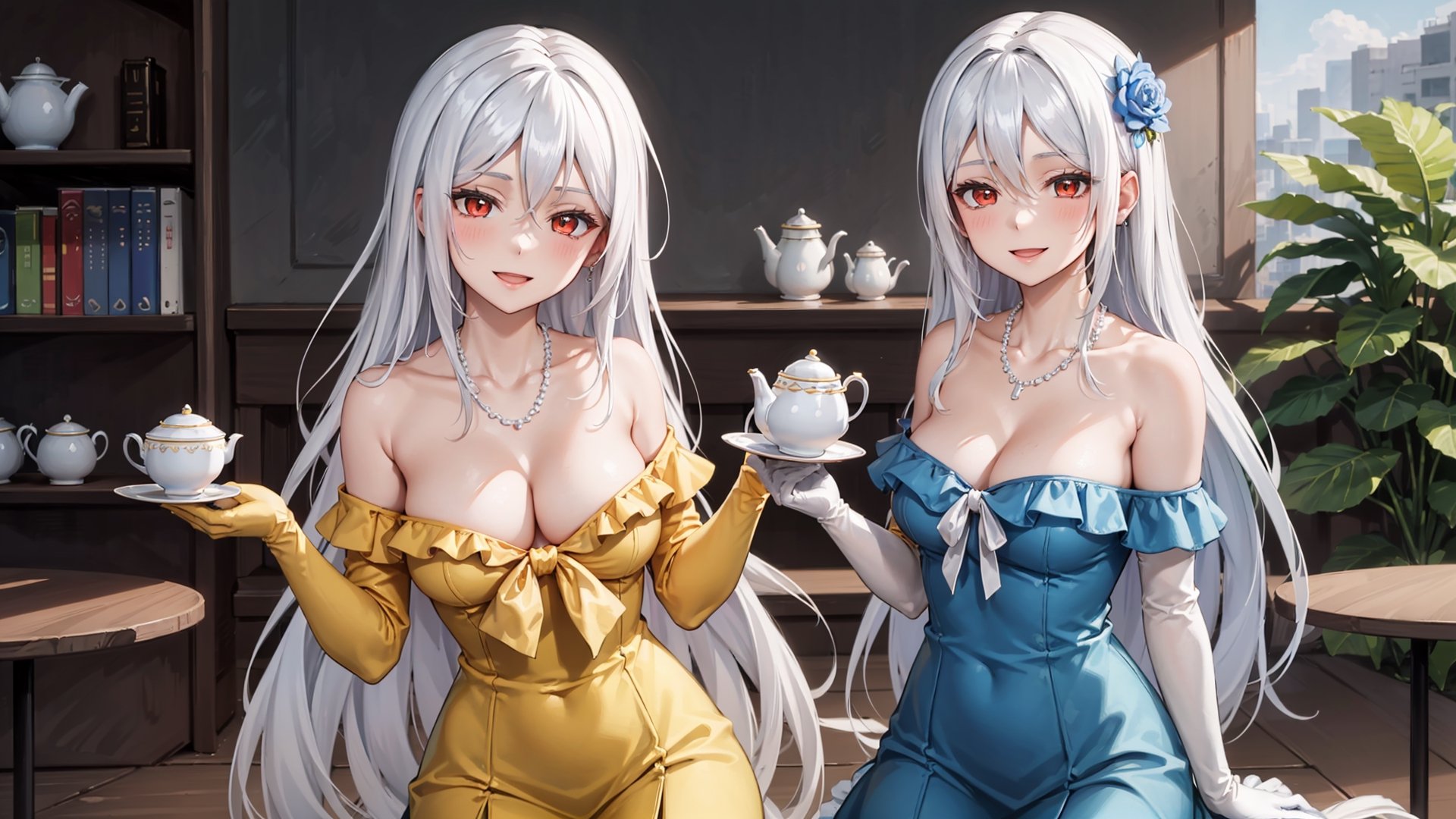 (masterpiece, best quality),ray tracing,absurdres, HDR,(2 girls), 1girl,rimuru tempest,long hair,  teacup,light blue hair,yellow eyes, medium breasts,pearl necklace, teapot, gloves,red gloves, ,brooch, sitting, tea, hair between eyes,  jewelry,blue rose,  blue flower, hair flower, sleeveless, table,  straight hair, smile, cup, looking at viewer, blue dress, shiny hair, open mouth, bangs,  shiny,  , dress,  sleeveless dress, chair, yellow dress,frills,
1girl, ,jewelry,necklace,breasts, red eyes, solo, dress, long hair, looking at viewer, green dress, large breasts, cleavage, blush, bare shoulders,   off-shoulder dress,, white hair, collarbone, closed mouth, squiggle, bow, bangs, yellow bow, off shoulder,elbow gloves,yellow gloves,cowboy shot,frilled dress,long dress,smile,