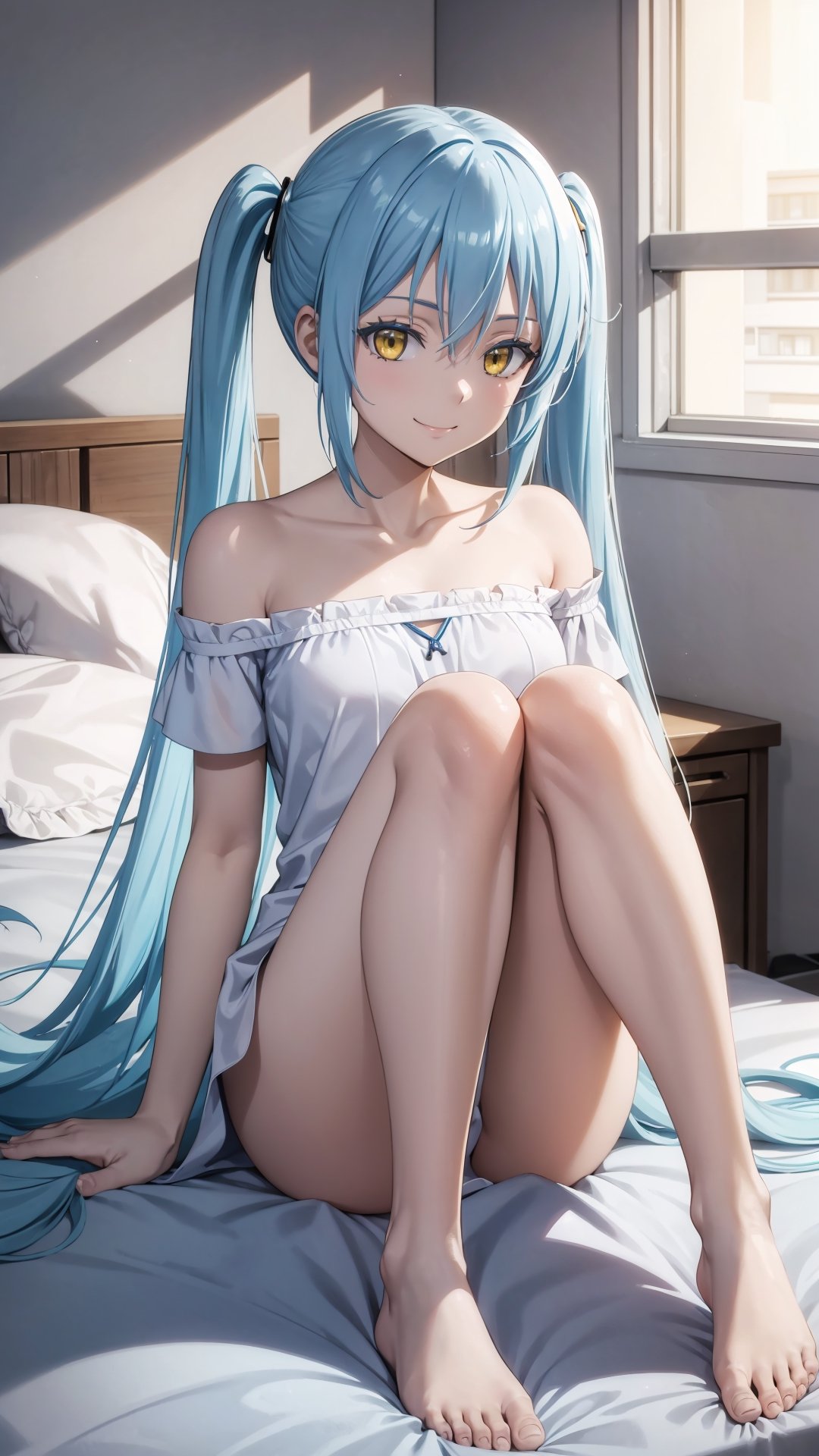 (masterpiece, best quality),ray tracing,absurdres, HDR,1girl,  , , bare shoulders, barefoot, ,, rimuru tempest,  light blue hair,  yellow eyes, clothes writing, long hair, looking at viewer, sitting, smile, soles, solo, , twintail,indoors, bedroom, bed, knee up,legs,feet focus
