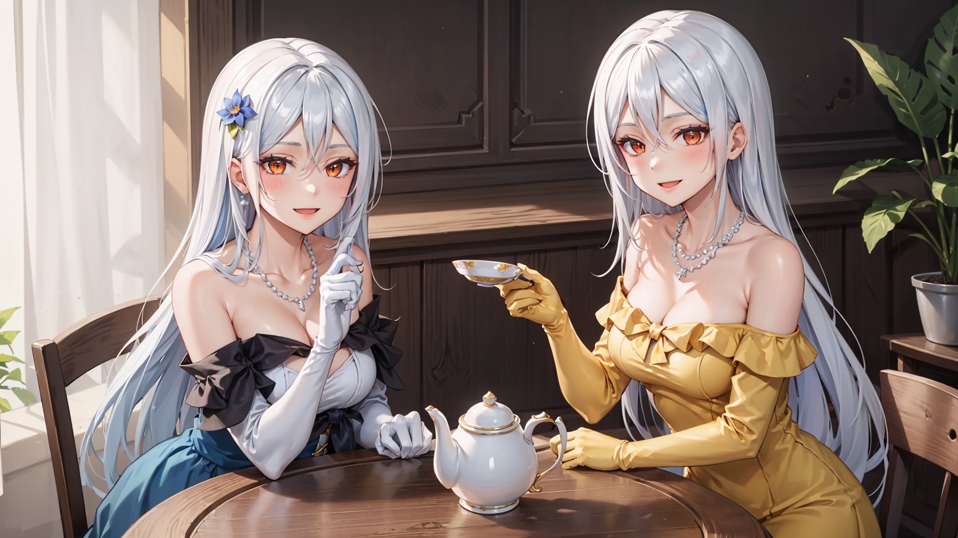 (masterpiece, best quality),ray tracing,absurdres, HDR,(2 girls), 1girl,rimuru tempest,long hair,  teacup,light blue hair,yellow eyes, medium breasts,pearl necklace, teapot, gloves,red gloves, ,brooch, sitting, tea, hair between eyes,  jewelry,blue rose,  blue flower, hair flower, sleeveless, table,  straight hair, smile, cup, looking at viewer, blue dress, shiny hair, open mouth, bangs,  shiny,  , dress,  sleeveless dress, chair, yellow dress,frills,
1girl, ,jewelry,necklace,breasts, red eyes, solo, dress, long hair, looking at viewer, green dress, large breasts, cleavage, blush, bare shoulders,   off-shoulder dress,, white hair, collarbone, closed mouth, squiggle, bow, bangs, yellow bow, off shoulder,elbow gloves,yellow gloves,cowboy shot,frilled dress,long dress,smile,