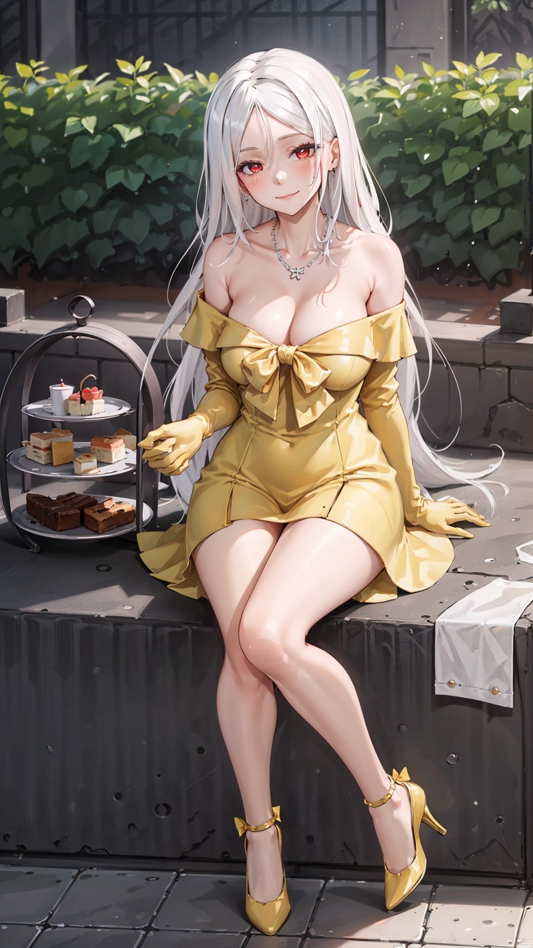 (masterpiece, best quality),ray tracing,absurdres, HDR,1girl,  jewelry,necklace,breasts, red eyes, solo, dress, long hair, looking at viewer, green dress, large breasts, cleavage, blush, bare shoulders,   off-shoulder dress,, white hair, collarbone, closed mouth, squiggle, bow, bangs, yellow bow, off shoulder,elbow gloves,yellow gloves,full body,frilled dress,long dress,high heels,outdoors,smile, outdoor, starbucks, sitting, afternoon tea, dessert,hand up,bag
,Blanc,Blanc Attire