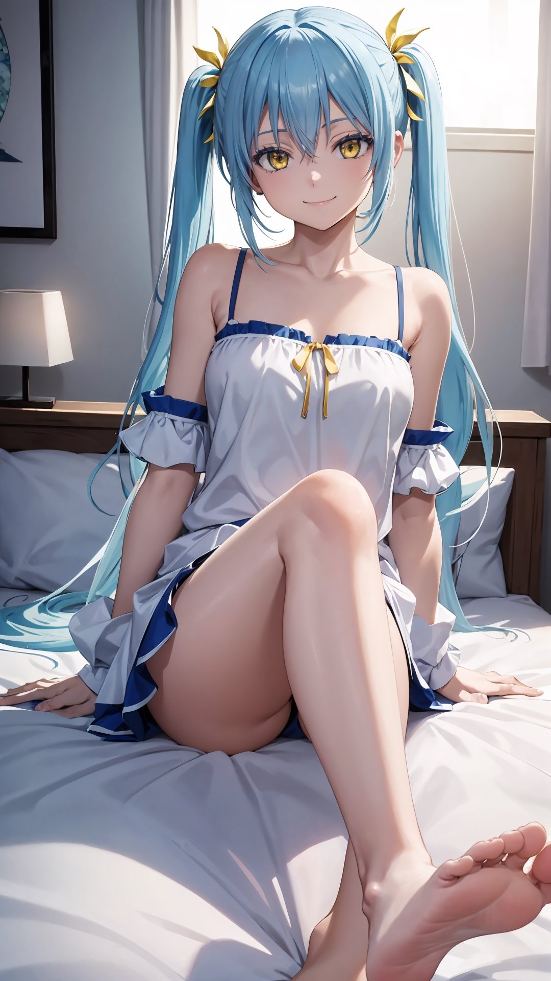 (masterpiece, best quality),ray tracing,absurdres, HDR,1girl,  , , bare shoulders, barefoot, ,, rimuru tempest,  light blue hair,  yellow eyes, clothes writing, long hair, looking at viewer, sitting, smile, soles, solo, , twintail,indoors, bedroom, bed, knee up,legs
