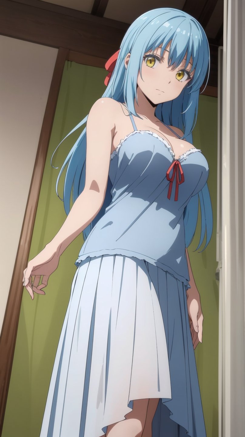 1girl, rimuru tempest, asexual, , solo, blue hair, yellow eyes,skirt, solo, long hair, grey skirt, , breasts, ribbon, camisole, hair ribbon, red ribbon, indoors, , from below, curtains, looking at viewer, cleavage,large breasts, bangs, pleated skirt, bare shoulders, closed mouth,  
