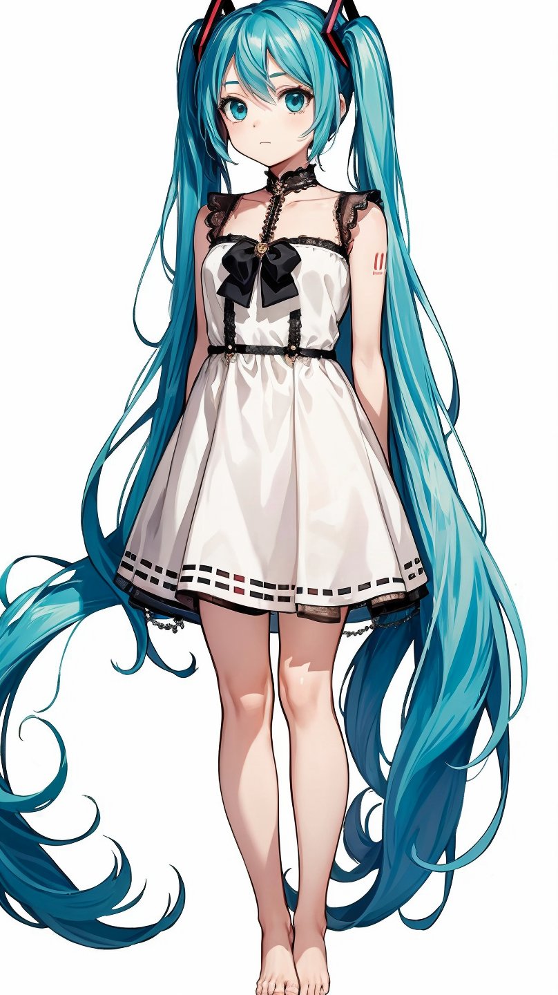 1girl, solo, long hair, twintails,white dress, hatsune miku, barefoot, arms behind back,  very long hair, white background, simple background ,bare legs,barefoot,standing
