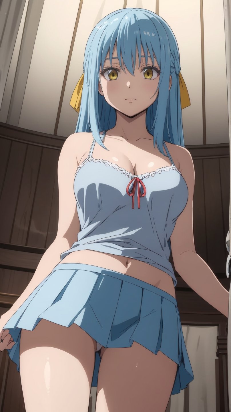 1girl, rimuru tempest, asexual, , solo, blue hair, yellow eyes,skirt, solo, long hair, grey skirt, , breasts, ribbon, camisole, hair ribbon, red ribbon, indoors, , from below, curtains, looking at viewer, cleavage,large breasts, bangs, pleated skirt, bare shoulders, closed mouth,  
