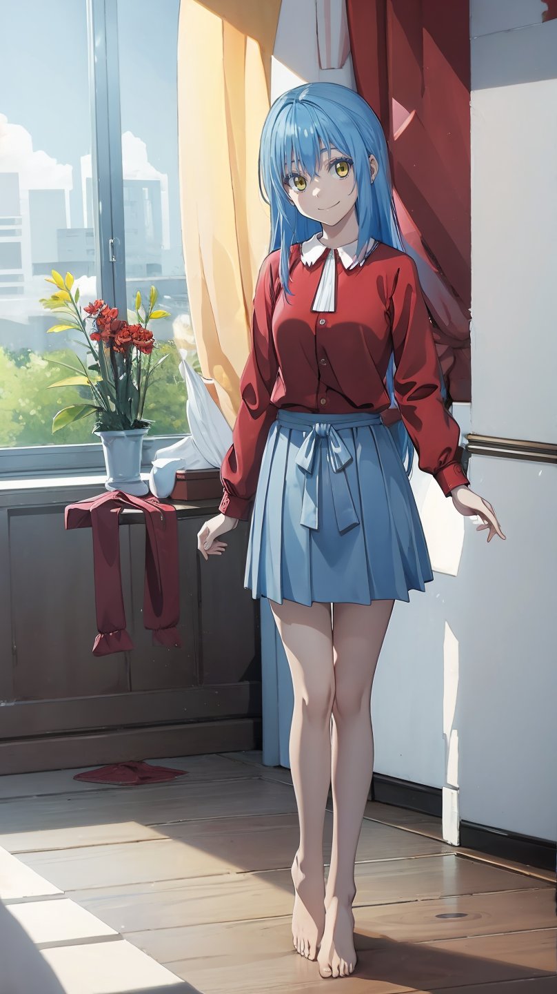 (masterpiece, best quality), ray tracing, absurdres, HDR,rimuru clothes, long hair, blue hair, yellow eyes, shirt, closed mouth, red shirt, 1girl, large breats,, rimuru tempest, skirt, bangs, red shirt, smile, solo, hair between eyes, grey skirt, long sleeves, collared shirt, ,blush ,looking at viewer,indoors,barefoot,full body, wucaitianjing, weapon, sword, , planted, planted sword, holding, holding sword,,
