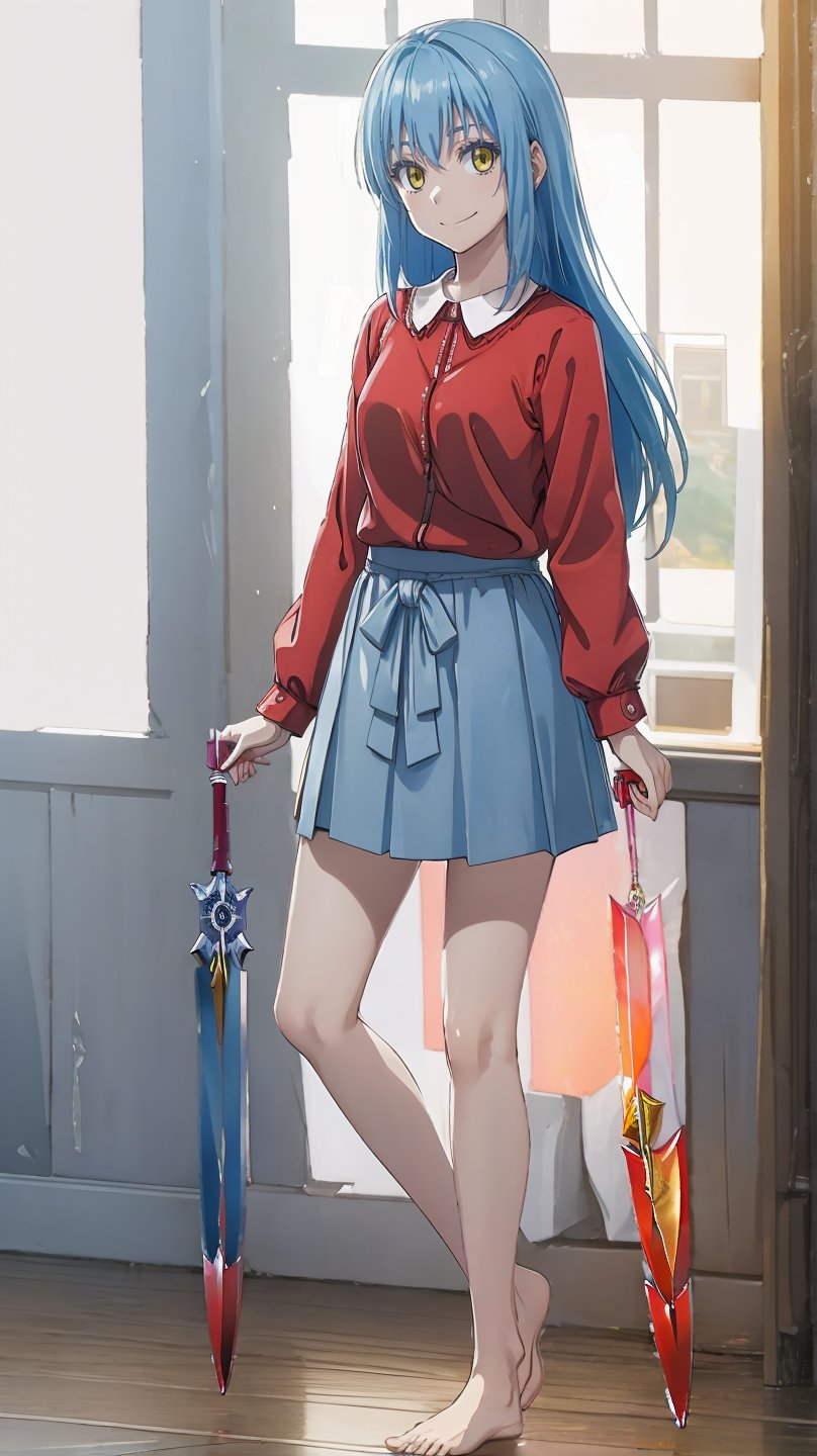 (masterpiece, best quality), ray tracing, absurdres, HDR,rimuru clothes, long hair, blue hair, yellow eyes, shirt, closed mouth, red shirt, 1girl, large breats,, rimuru tempest, skirt, bangs, red shirt, smile, solo, hair between eyes, grey skirt, long sleeves, collared shirt, ,blush ,looking at viewer,indoors,barefoot,full body, wucaitianjing, weapon, sword, , planted, planted sword, holding, holding sword,,
