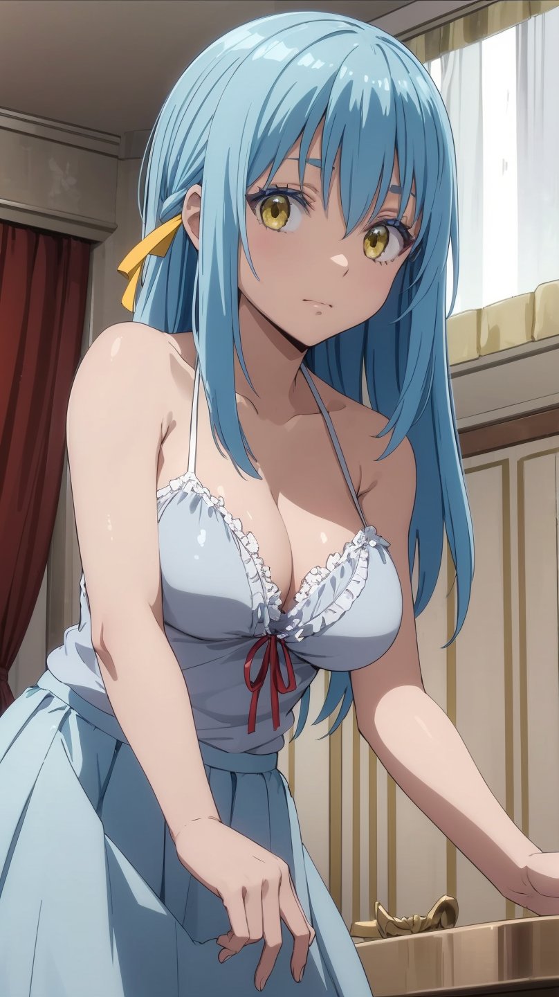 1girl, rimuru tempest, asexual, , solo, blue hair, yellow eyes,skirt, solo, long hair, grey skirt, , breasts, ribbon, camisole, hair ribbon, red ribbon, indoors, , from below, curtains, looking at viewer, cleavage,large breasts, bangs, pleated skirt, bare shoulders, closed mouth,  
