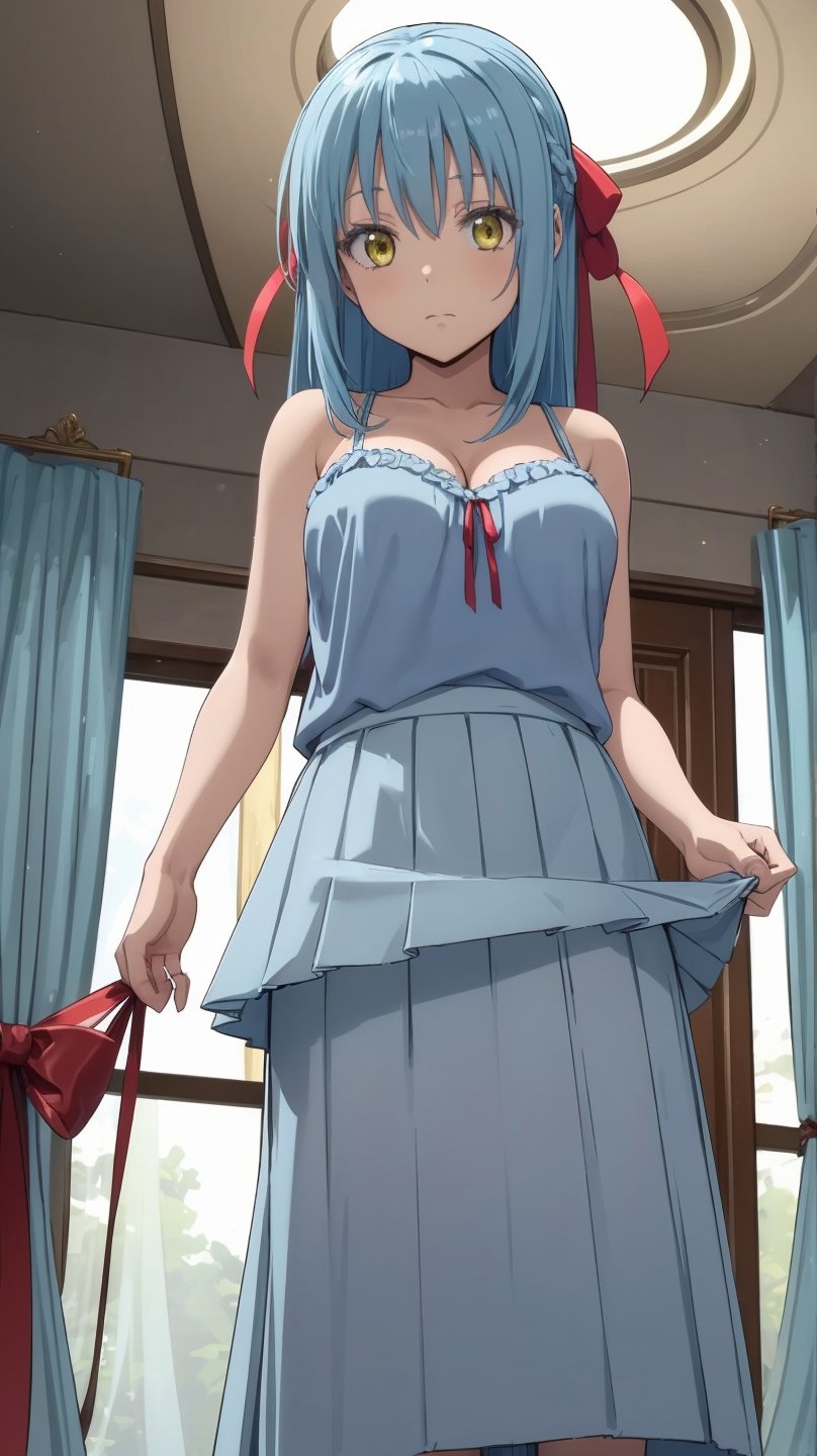 1girl, rimuru tempest, asexual, , solo, blue hair, yellow eyes,skirt, solo, long hair, grey skirt, , breasts, ribbon, camisole, hair ribbon, red ribbon, indoors, , from below, curtains, looking at viewer, cleavage,large breasts, bangs, pleated skirt, bare shoulders, closed mouth,  
