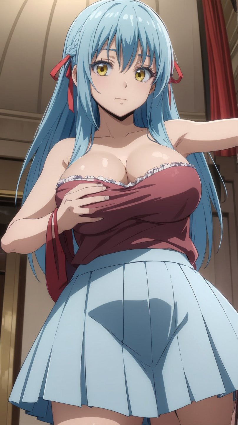 1girl, rimuru tempest, asexual, , solo, blue hair, yellow eyes,skirt, solo, long hair, grey skirt, , breasts, ribbon, camisole, hair ribbon, red ribbon, indoors, , from below, curtains, looking at viewer, cleavage,large breasts, bangs, pleated skirt, bare shoulders, closed mouth,  
