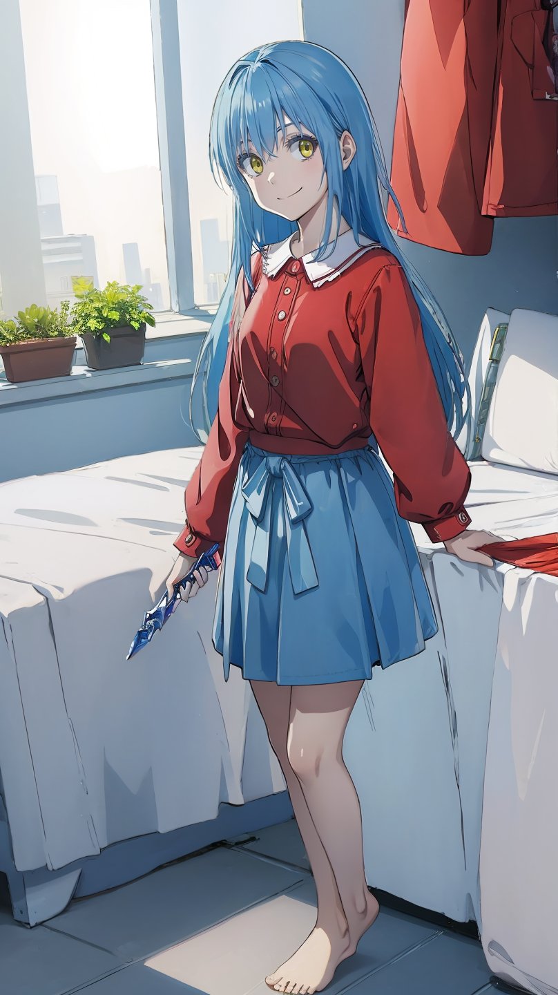 (masterpiece, best quality), ray tracing, absurdres, HDR,rimuru clothes, long hair, blue hair, yellow eyes, shirt, closed mouth, red shirt, 1girl, large breats,, rimuru tempest, skirt, bangs, red shirt, smile, solo, hair between eyes, grey skirt, long sleeves, collared shirt, ,blush ,looking at viewer,indoors,barefoot,full body, wucaitianjing, weapon, sword, , planted, planted sword, holding, holding sword,,
