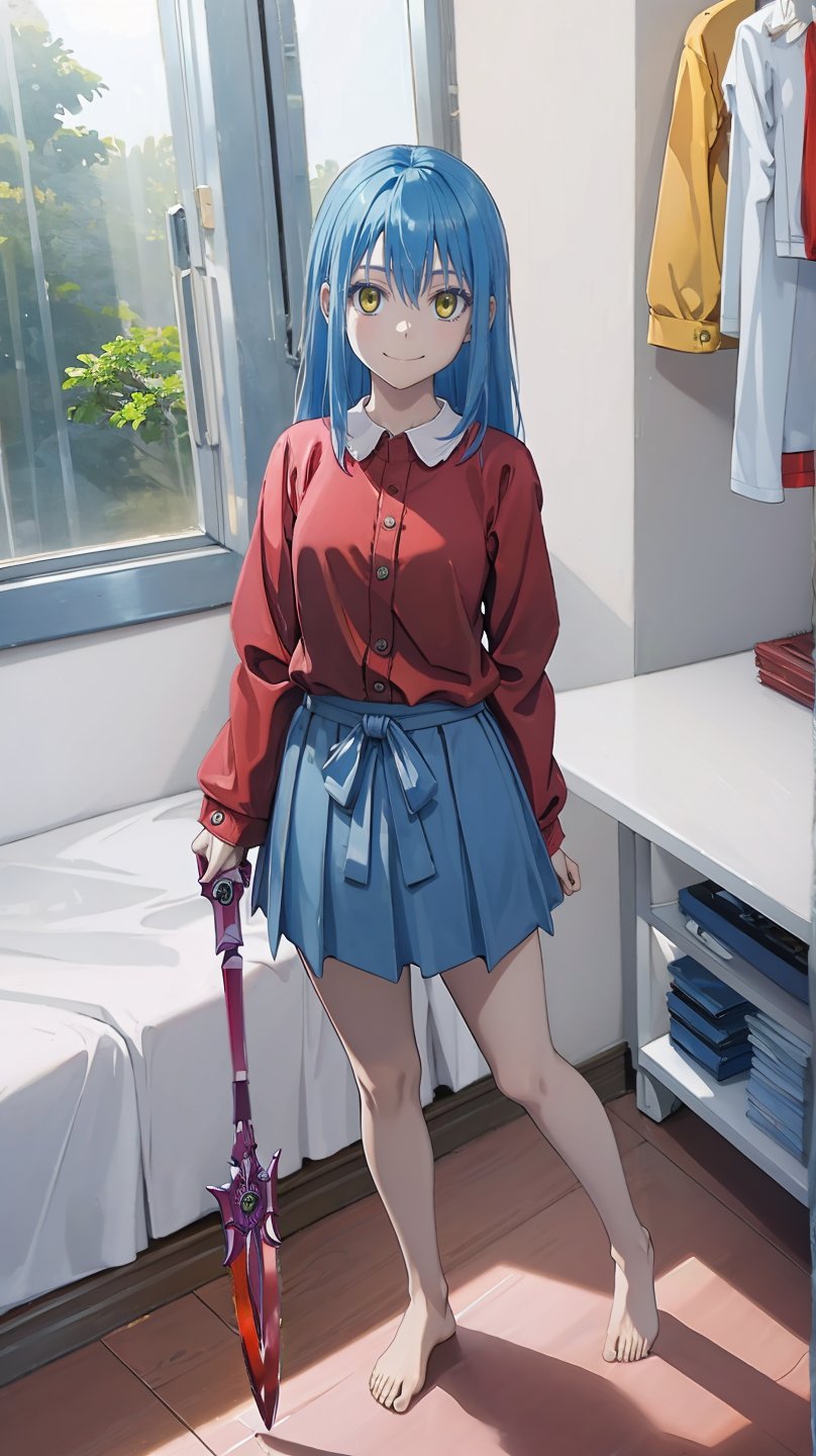 (masterpiece, best quality), ray tracing, absurdres, HDR,rimuru clothes, long hair, blue hair, yellow eyes, shirt, closed mouth, red shirt, 1girl, large breats,, rimuru tempest, skirt, bangs, red shirt, smile, solo, hair between eyes, grey skirt, long sleeves, collared shirt, ,blush ,looking at viewer,indoors,barefoot,full body, wucaitianjing, weapon, sword, , planted, planted sword, holding, holding sword,,
