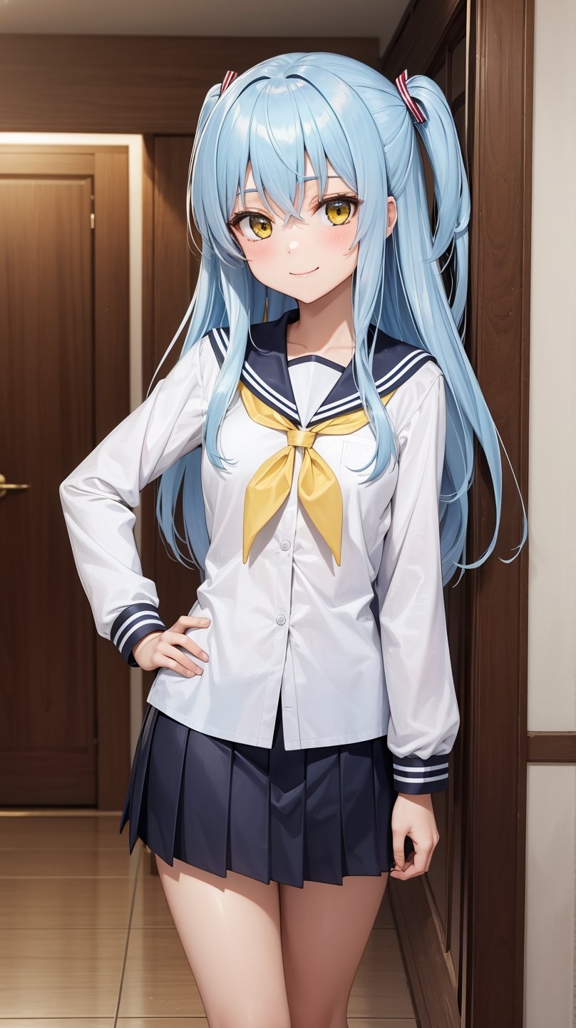 (masterpiece, best quality),ray tracing,absurdres,HDR,1girl,rimuru tempest,light blue hair,yellow eyes,  long hair, school uniform,  skirt, serafuku, sailor collar, v over eye, looking at viewer, pleated skirt, red neckerchief, neckerchief, white shirt, v, long sleeves, shirt, hand on hip, closed mouth, hair between eyes, smile, , one side up, bangs, sailor shirt,  solo, black skirt 
